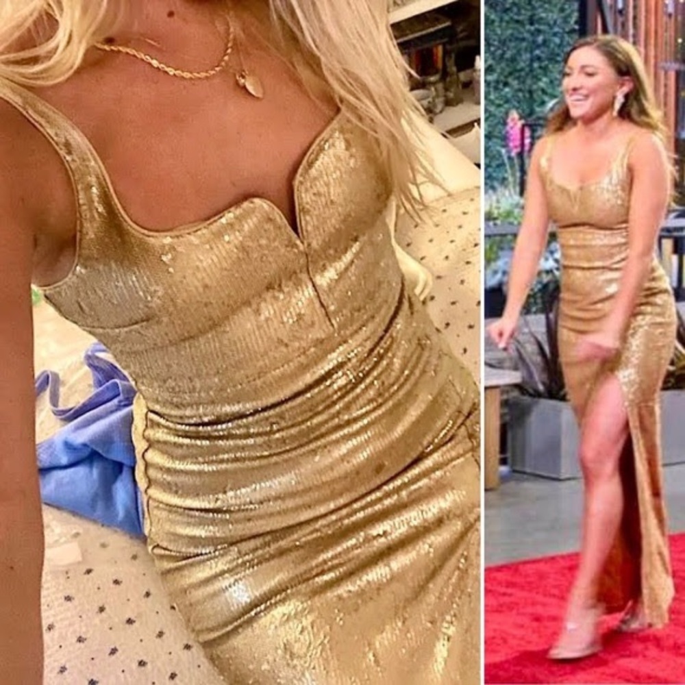 NWOT Likely Mineo Golden Goddess Metallic Allover Sequin Maxi Gown 4 Small